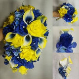 Royal Blue Yellow Rose Calla Lily Bridal Wedding Bouquet Accessories