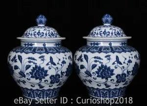 16" Marked Chinese Blue White Porcelain Peony Flower Cover Jar Pot Pair