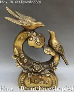 11" Marked China Bronze Auspicious Ruyi Peony Flower Double Magpie Bird Statue