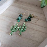 Cactus Mica Gemstone Dangle Earrings, plant earrings, green earrings, gemstone earrings, crystal chip earrings, gold earrings