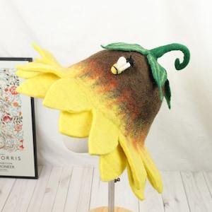 Sunflower Hat, Felted Wool Bucket Hat, Flower Hat, Handmade Felted Hat, Funny Novelty Cartoon Flower Hats, Sauna Hat