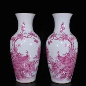 16.9" Old dynasty Porcelain kangxi mark pair Carmine peacock peony flowers vase