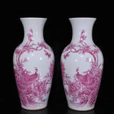 16.9" Old dynasty Porcelain kangxi mark pair Carmine peacock peony flowers vase