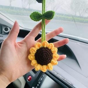 Cute Sunflower Crochet Hanging Rear View Mirror - Knitted Daisy Crochet - Flower Car Plant Hanging - Hand Woven Plant - Gift For Her & Him