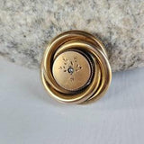 Antique 10k yellow gold heavy gold knot brooch with secret back locket, decorative ornate etched  flower bouquet with rose cut diamond