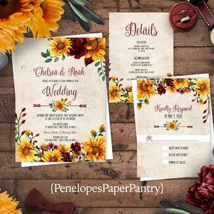 Rustic Sunflower Fall Wedding Invitation,Sunflowers,Burgundy Roses,Floral Arrow,Parchment,Shabby Chic,Custom,Printed Invitation,Wedding Set