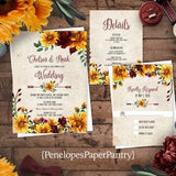 Rustic Sunflower Fall Wedding Invitation,Sunflowers,Burgundy Roses,Floral Arrow,Parchment,Shabby Chic,Custom,Printed Invitation,Wedding Set