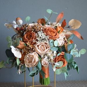 Burnt Orange And Dusty Peach Wedding Bouquet, Fall Apricot Boho Bridal Bouquet, Terracotta Rustic Home Decor Flowers, Boutonniere Corsage