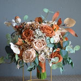 Burnt Orange And Dusty Peach Wedding Bouquet, Fall Apricot Boho Bridal Bouquet, Terracotta Rustic Home Decor Flowers, Boutonniere Corsage
