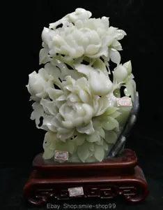 19" Chinese Green Xiu Jade Carving Feng Shui Peony Flower Bird Sculpture