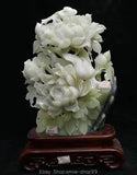 19" Chinese Green Xiu Jade Carving Feng Shui Peony Flower Bird Sculpture