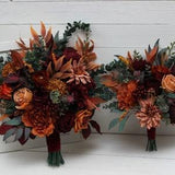 Rust burgundy cinnamon orange flowers Bridal bouquet Faux bouquet Fall wedding  Boho wedding Silk flowers -size 14 inch