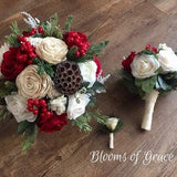 Winter bride bouquet, woodland winter wedding bouquet, red bridal bouquet, bridesmaids bouquet, Christmas pew decorations.