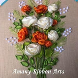 Bouquet of roses, 3D Modern design of Ribbon Art Embroidery, unframed ribbon work, wall hanging art, Orange, Beige flowers, Gift, Handmade