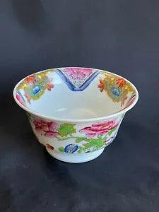 5" Asian Footed Bowl Pink Peonies Orange, Blue Flowers