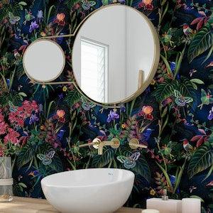 Botanical wallpaper secret garden at night, butterflies, plants, Peel and stick wall and Traditional murals #3376