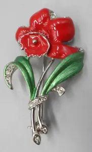 Vintage 1940s Flower Brooch Red Daffodil Lily Enamel Pave Crystal Retro Era 2"