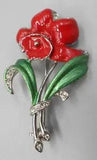 Vintage 1940s Flower Brooch Red Daffodil Lily Enamel Pave Crystal Retro Era 2"