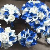 Royal Blue Calla Lilies Plumerias Ivory Roses Cascade Bridal Bouquet Real Touch Flowers Wedding Package--Bouquets Boutonnieres Corsages