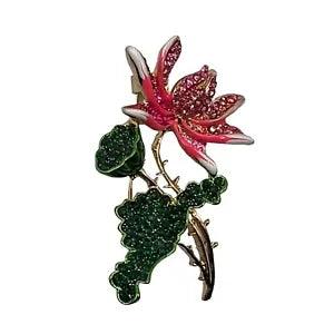 FLOWER BROOCH Pin Pink Rhinestone Enamel Orchid Lily Gold Tone Costume Jewelry