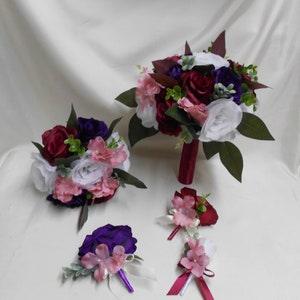 Wedding Silk Flower Bridal Bouquets 18 pcs Package White Purple Burgundy Dusty Rose Toss Bridesmaids  Boutonnieres Corsages New