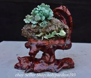 8.8" Chinese Natural Green Dushan Jade Carved Mountain Peony Flower Statue Y