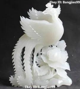 12?????? Natural White Jade Pure Hand  Phoenix Fenghuang Phenix Peony Flower Statue