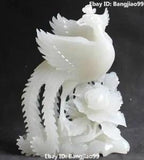 12?????? Natural White Jade Pure Hand  Phoenix Fenghuang Phenix Peony Flower Statue