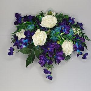 Puple and Teal Bridal Bouquet, Large Cascade Bridal Bouquet, Purple Orchids, White Roses, Teal Peonies, Greenery, Artificial Silk Flowers