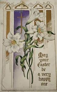 Lily White Cross Gold Easter Greetings Embossed Vintage Postcard