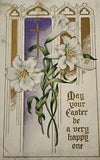 Lily White Cross Gold Easter Greetings Embossed Vintage Postcard