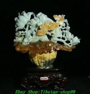 18" China Natural Xiu Jade Carved Butterfly Animal Peony  Flower basket Statue