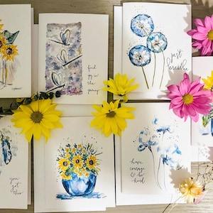 7 Watercolour Greeting Cards, Sunflower Cards, Dragonfly Card, Encouraging Cards, Floral Blank Cards, Assorted Art Cards, Watercolor Prints