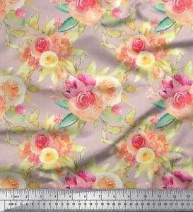 Soimoi Pink Cotton Poplin Fabric Leaves & Ranunculus Floral Print-vi1