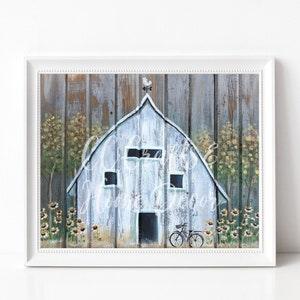 White Barn with Sunflowers Wall Art Giclee Print, Rustic Farmhouse Decor, Great Gift Idea. Printed from my Original Artwork