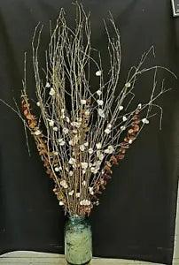 White & Pink Blossoms, Red Eucalyptus & Gold Painted Branches in a Mason Jar