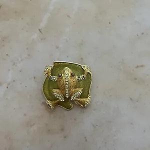Edgar Berebi Vintage Frog Brooch Enamel rhinestone pin Lily pad Green