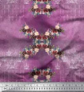 Soimoi Purple Velvet Fabric Bird Cage & Peony Floral Print Fabric-n