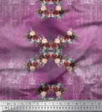 Soimoi Purple Velvet Fabric Bird Cage & Peony Floral Print Fabric-n