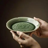 15cm China Yue Kiln Porcelain Carving Peony Flower Plate Green Glaze Snack Plate
