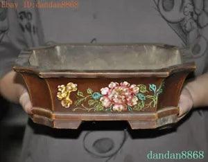9.2" Chinese dynasty Yixing zisha pottery peony Potted Flower Pot