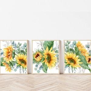 Sunflower decor Sunflower prints set of 3 Sunflower wall art Sunflower poster Watercolor eucalyptus prints 8x10 sunflower Sunny bright print