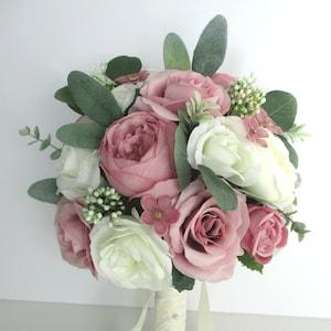 Wedding Bouquet, 17-piece Bridal bouquet set CREAM, DUSTY Rose, PINK, Mauve, lace, Wedding Silk flower Bouquet Bridesmaid "RosesandDreams"