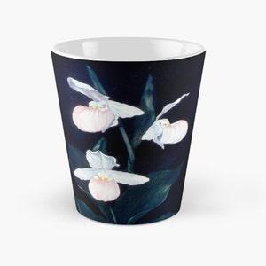 Lady Slipper Orchids Coffee Mug. Pink and White Orchids on Black Ceramic Mug. Orchid Lovers gift. Dishwasher and microwave safe.