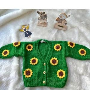 Green Sunflower Cardigan, Handmade Children's Sweater, Knitted Women's Cardigan, Jacket With 3D Sunflower Design, Embroidered Girl Cardigan