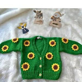 Green Sunflower Cardigan, Handmade Children's Sweater, Knitted Women's Cardigan, Jacket With 3D Sunflower Design, Embroidered Girl Cardigan