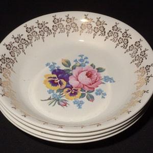 Set of 4 Vintage Golden Bouquet by Empire Porcelain cream coupe bowl 7.5" 22k Gold flowers on rim floral center rose pansies Staffordshire