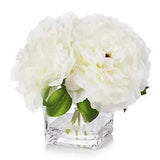 Silk Peony Flowers Arrangements in Cube Glass Vase with Faux Water for Cream