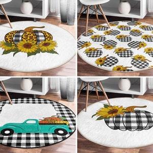 Sunflower Round Rug|Pumpkin Floor Carpet|Plaid Non Slip Circle Rugs|Checky Anti Slip Mat|Farmhouse Area Rugs|White Rug For Living Room