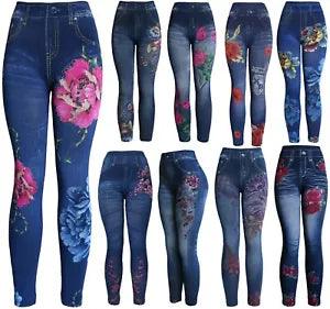 High Waist Women's Denim Print Fake Faux Jeans Leggings Pants